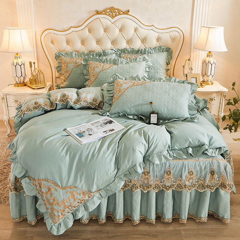 韩版全棉夹棉床裙式床罩四件套纯棉加厚双人蕾丝花边被套床上用品