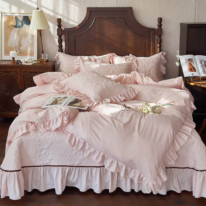 夏季新款法式水洗天丝段花边床盖单件加厚夹棉床裙纯色被套四件套