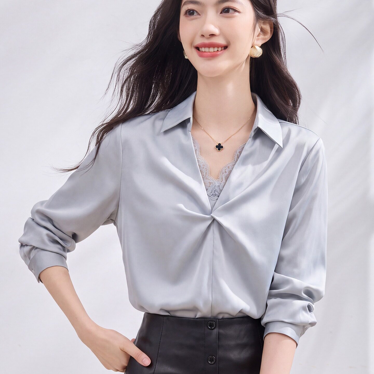 高端锻面衬衫女秋季气质职业长袖衬衫