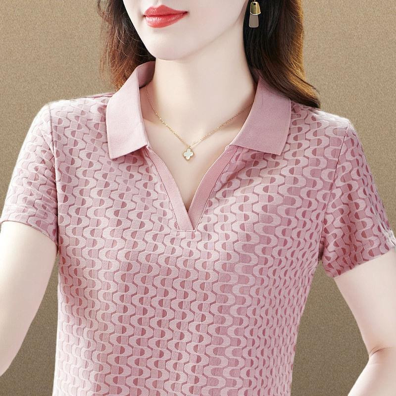 妈妈冰丝短袖t桖女士翻领2024夏季新款有领打底衫上衣洋气polo衫