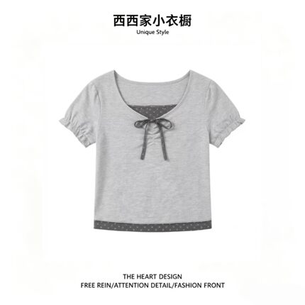 2026新款绑带碎花假两件灰色泡泡袖t恤女夏季设计感修身短袖上衣