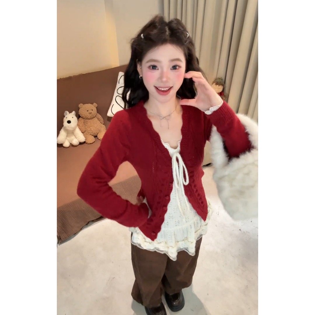 新年红色v领针织开衫女2026秋冬新款蝴蝶结内搭高腰休闲裤三件套,女装/女士精品,时尚套装,淘宝优惠券,粉丝福利购,淘宝优惠卷