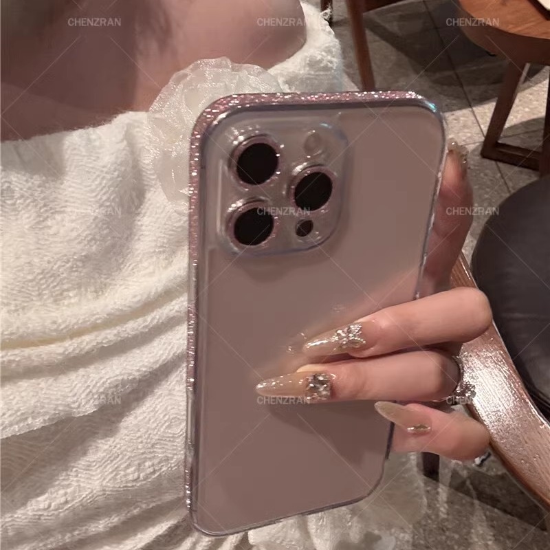 气质高级感爆闪边框透明适用苹果16pro手机壳iphone15promax新款14pro全包镜头16plus时尚13防摔12/11轻奢女