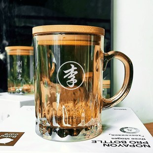 琥珀色定制百家姓办公室玻璃泡茶杯带盖花茶杯带把手家用马克杯