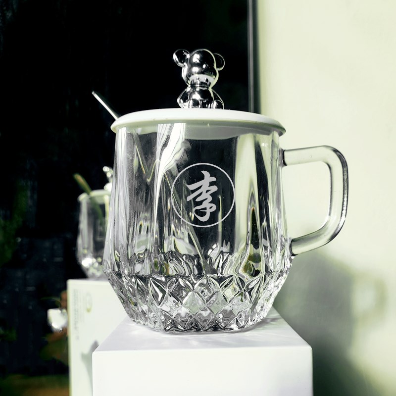百家姓ins风刻字可爱钻石喝水杯女生高颜值小熊玻璃茶杯带把盖勺