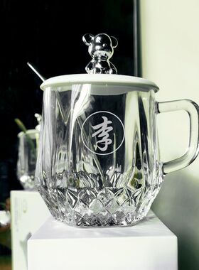 百家姓ins风刻字可爱钻石喝水杯女生高颜值小熊玻璃茶杯带把盖勺