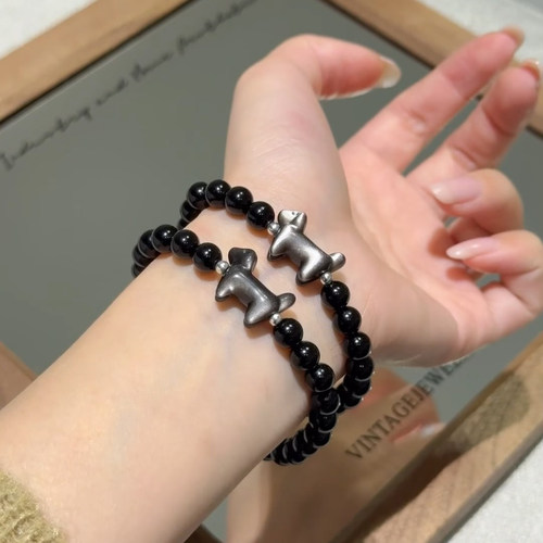 天然腊肠狗黑曜石手串