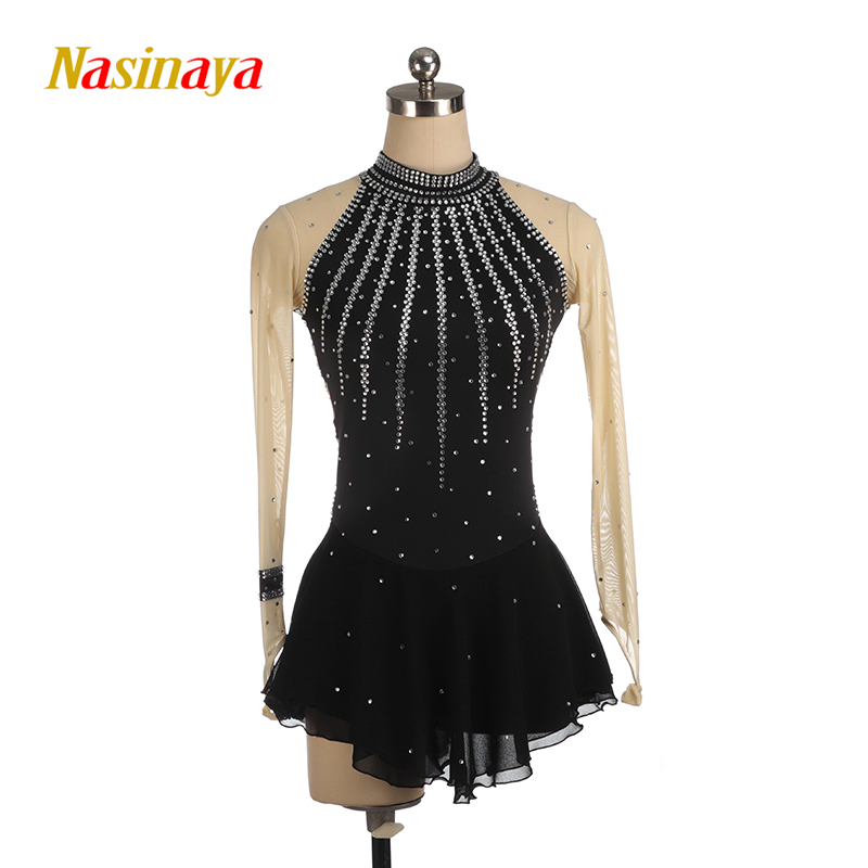 福诺花样滑冰服溜冰服表演服定制儿童成人女童比赛裙子黑色雨丝钻