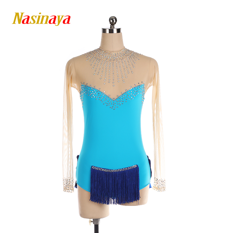 福诺高级定制空中瑜伽钢管舞服装花样滑冰服表演比赛成人天蓝流苏