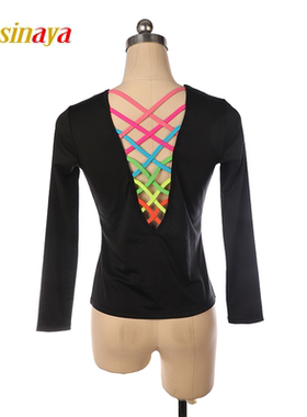 福诺花样滑冰服溜冰服训练服儿童成人女童锦纶黑色后背交叉彩条