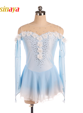 福诺花样滑冰表演服溜冰服定制儿童比赛考级裙子渐变浅蓝白色花朵