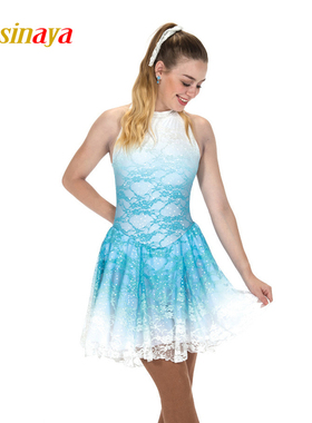 福诺花样滑冰服表演服儿童成人女童比赛考级裙子白色蕾丝渐变闪亮