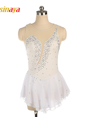 福诺花样滑冰表演服比赛考级裙子白色彩钻516无袖
