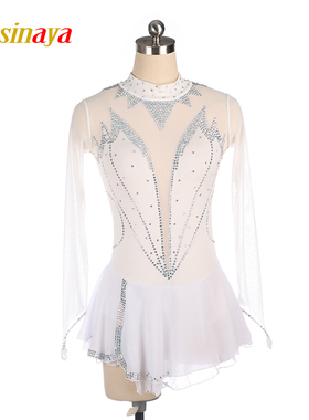 福诺花样滑冰表演服溜冰服定制儿童成人女童比赛考级裙子白色彩钻