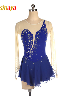 福诺花样滑冰服表演服溜冰服定制儿童成人女童比赛裙子长袖宝蓝彩