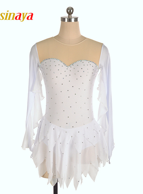 福诺16色定制女童成人花样滑冰服表演比赛考级裙子长袖白色钻