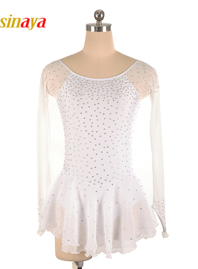 福诺10色选定制女童成人花样滑冰服表演比赛考级裙子白色长袖