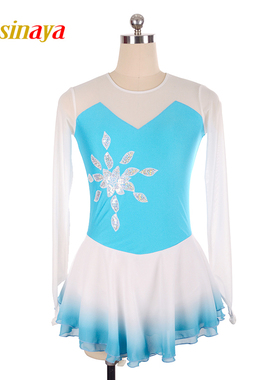 福诺定制女童成人花样滑冰服表演比赛考级裙子蓝白色渐变亮花