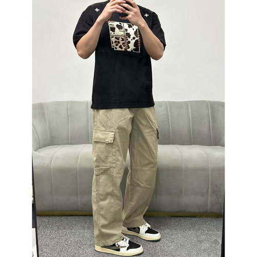 美式复古卡其色多口袋工装裤男夏季纯棉长裤男士宽松直筒休闲裤子