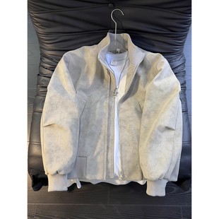 灰色扎染皮衣夹克男高级感痞帅美式飞行员工装外套立领短款棒球服