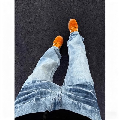 cleanfit浅蓝色闪电纹牛仔裤男款美式高街vibe裤子水洗微喇弯刀裤