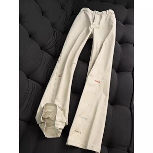 春秋季 男款 潮牌斜切纯棉裤 子修身 美式 显瘦直筒长裤 刺绣微喇牛仔裤