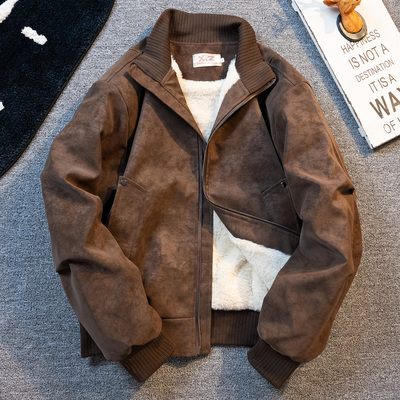 美拉德棕色皮衣外套棉服男冬季加绒加厚保暖棉衣美式立领短款夹克