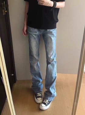 浅蓝色弯刀牛仔裤男女秋冬季美式高街修身裤子显瘦提档直筒微喇裤