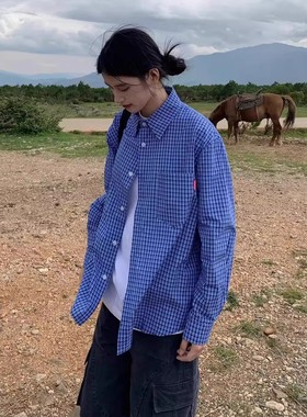 美式复古蓝色格子衬衫男女春秋季慵懒风翻领宽松休闲长袖衬衣外套