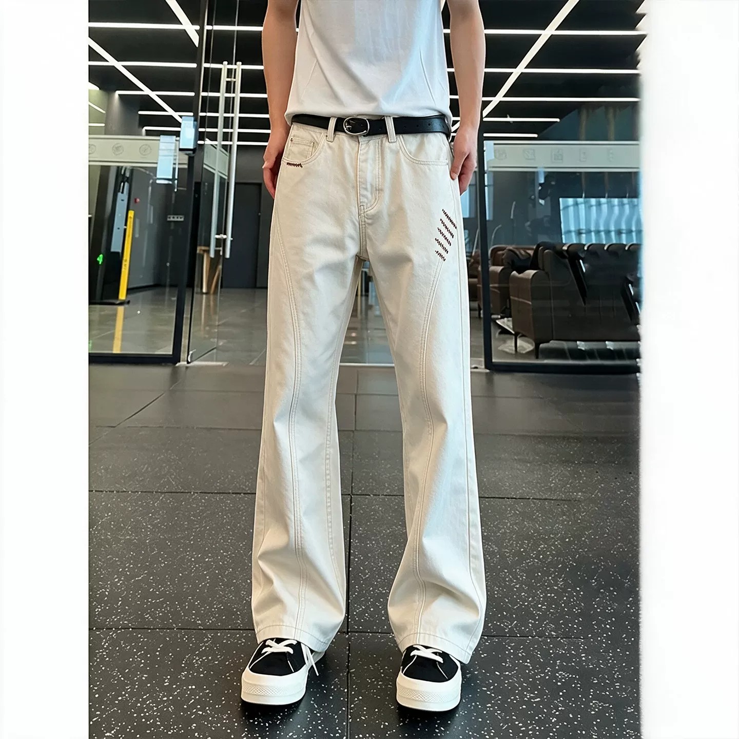 cleanfit斜切刺绣牛仔裤男款秋季新款纯棉裤子美式高街直筒微喇裤图片