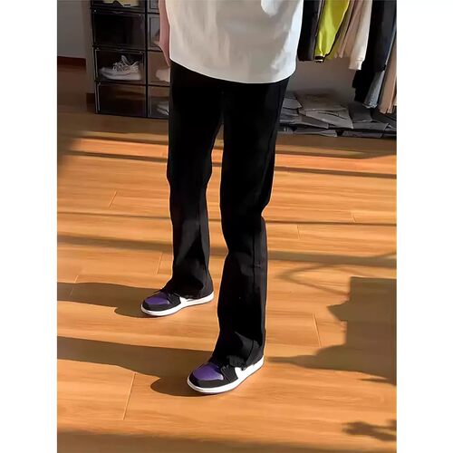 美式黑色柳叶弯刀牛仔裤男款夏季修身显瘦直筒裤子薄款高街微喇裤
