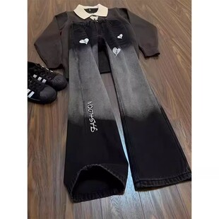 渐变刺绣黑灰色牛仔裤男款春秋季美式高街vibe裤子宽松直筒微喇裤