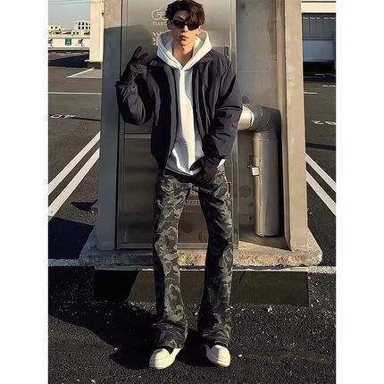 美式高街微喇迷彩裤男生宽松直筒牛仔裤子春秋潮牌痞帅伐木工装裤