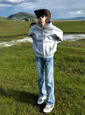 cleanfit冰蓝闪电纹牛仔裤男美式高街vibe裤子潮牌宽松直筒微喇裤