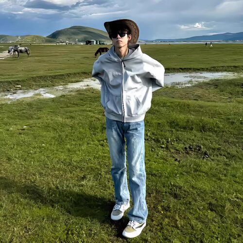 cleanfit冰蓝闪电纹牛仔裤男美式高街vibe裤子潮牌宽松直筒微喇裤