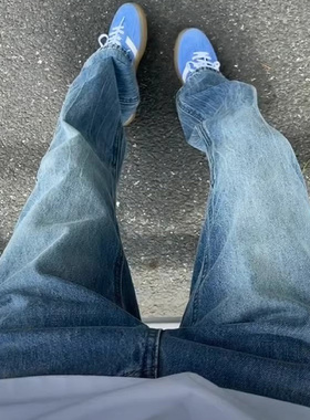 蓝色闪电纹牛仔裤男美式高街vibe裤子cleanfit男士修身直筒微喇裤