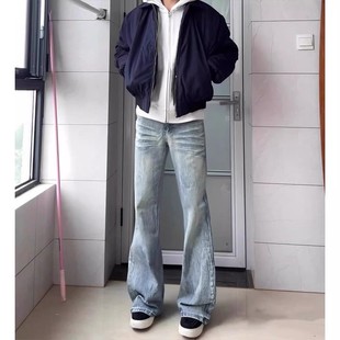 蓝色闪电纹微喇牛仔裤男款秋冬季美式高街vibe裤子水洗弯刀直筒裤