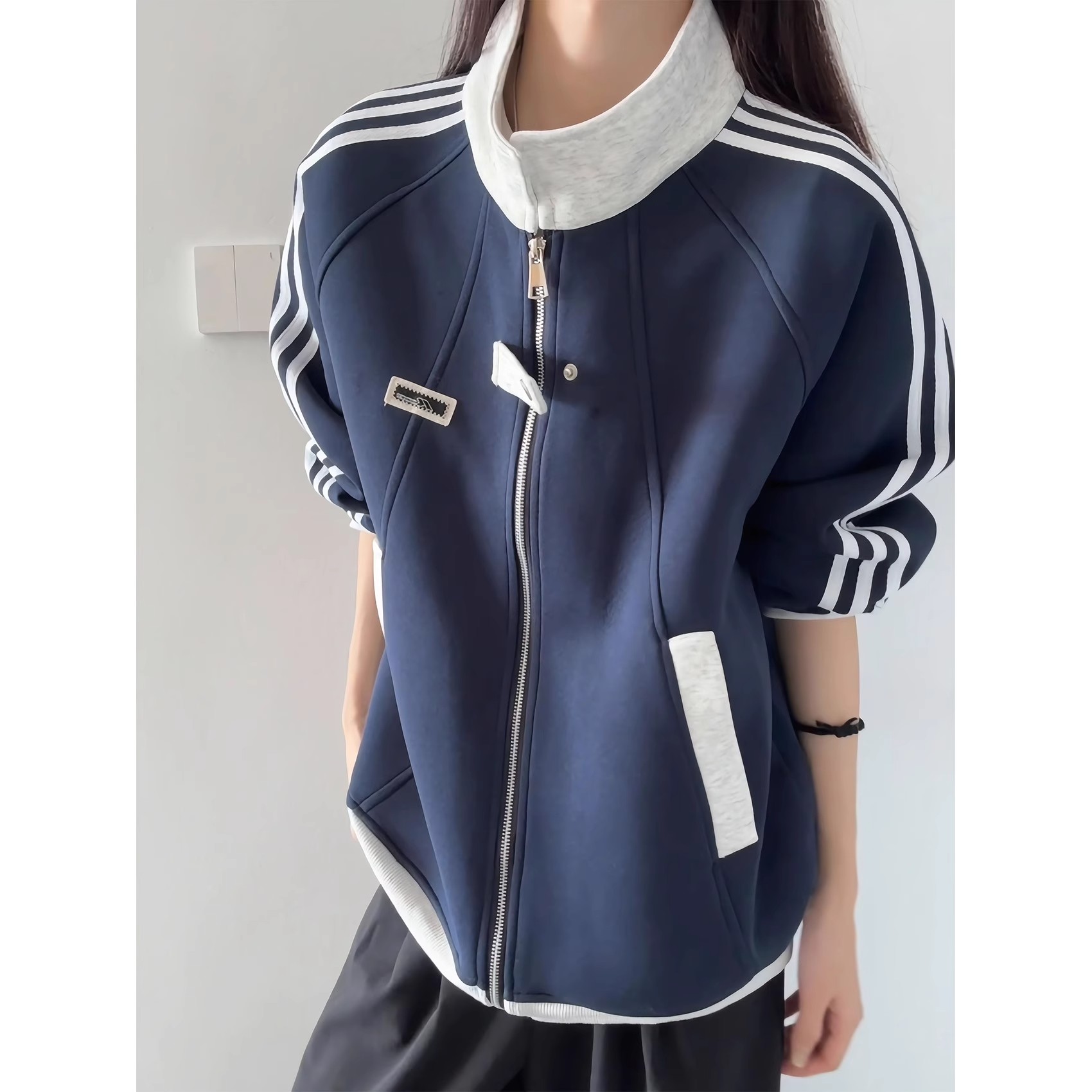 美式条纹拼接运动夹克男女秋季潮牌学院风百搭外套情侣立领棒球服