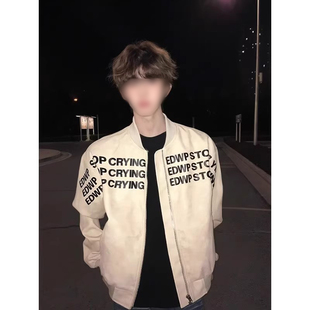 字母印花美式棒球服男秋季高级感痞帅宽松立领pu皮衣飞行夹克外套