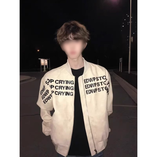 字母印花美式棒球服男秋季高级感痞帅宽松立领pu皮衣飞行夹克外套