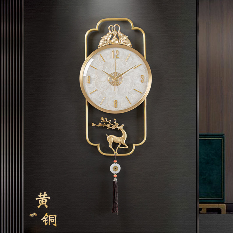 高端黄铜新中式装饰钟表中式轻奢挂钟家用客厅纯铜大气挂墙石英钟