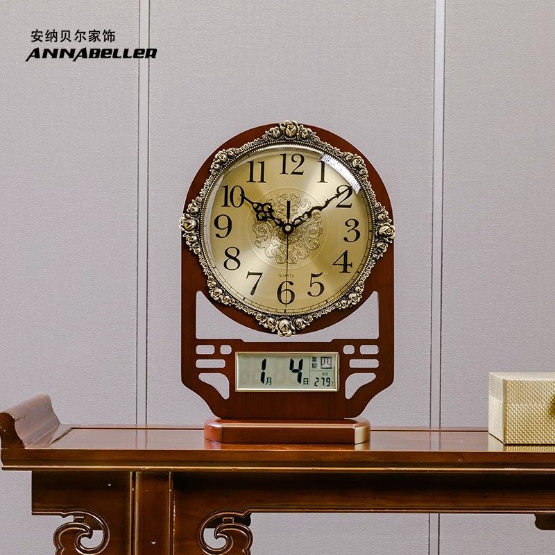 带万年历新中式座钟中式客厅台式钟表桌面大号家用复古典台钟摆件