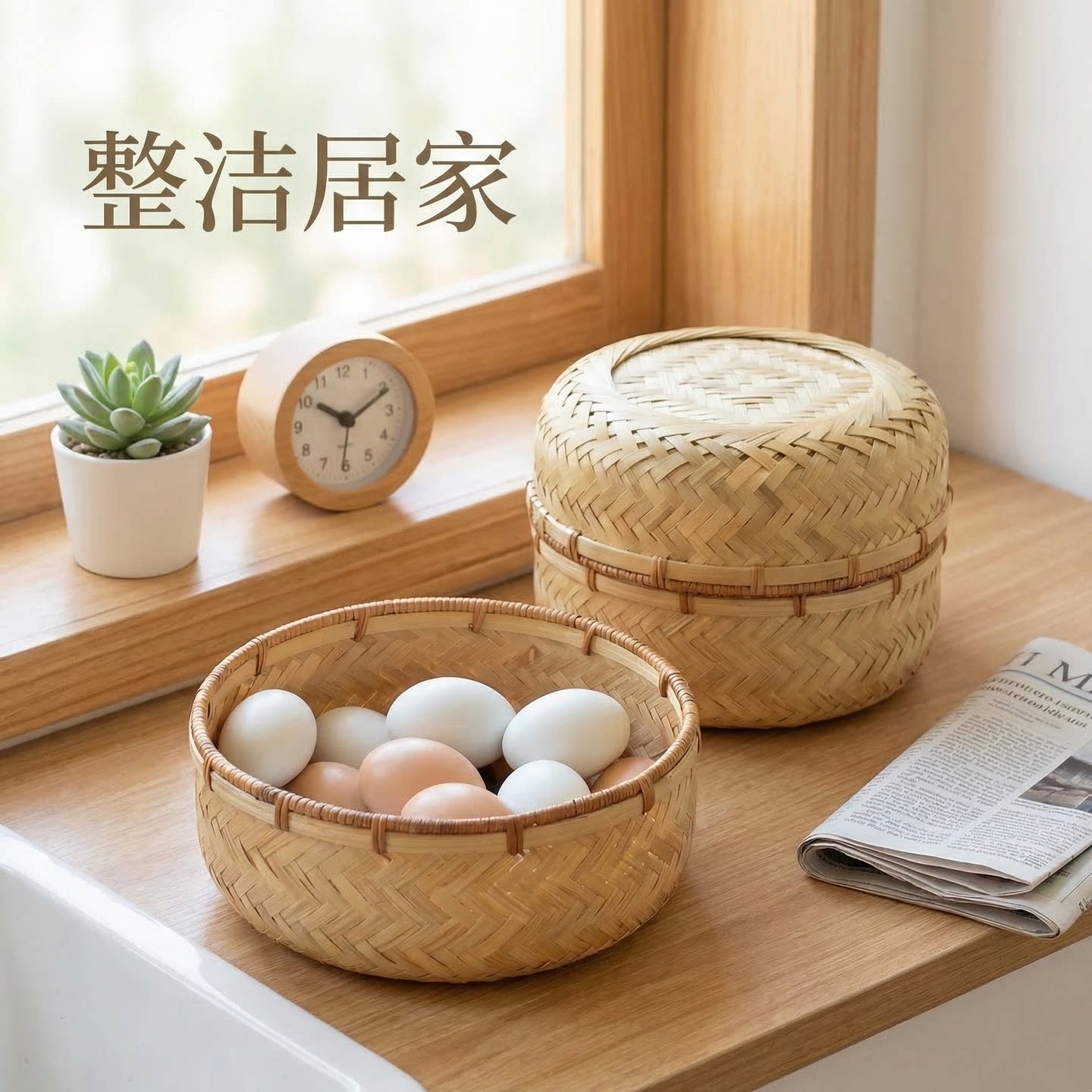 竹编鸡蛋收纳篮厨房专用馒头筐蔬菜水果储物筐大容量家用桌面收纳