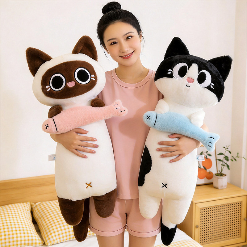 可爱大眼抱鱼猫咪暹罗猫情侣一对睡觉搂抱夹腿长条抱枕生日礼物