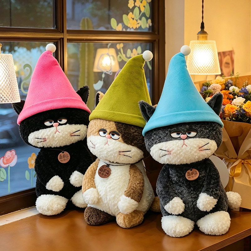 巫师帽慵懒猫咪毛绒公仔丑萌犯困小花猫玩偶治愈桌面摆件七夕礼物