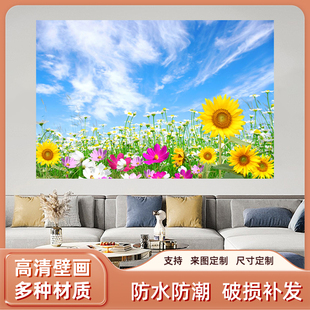蓝天白云鲜花绽放笑脸花自然美景家用客厅自粘背景墙海报装饰画