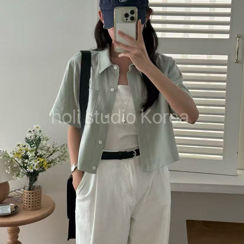 韩国代购东大门代购 TIZZI 夏季新款纯色翻领衬衫短款短袖上衣