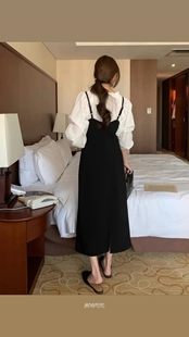 黑色吊带连衣裙收腰高级ins风 bowtie新款 韩国代购 东大门代购