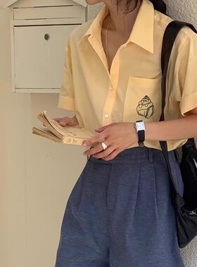 现～slae 原209韩国代购 bowtie 黄色海螺短袖衬衫上衣