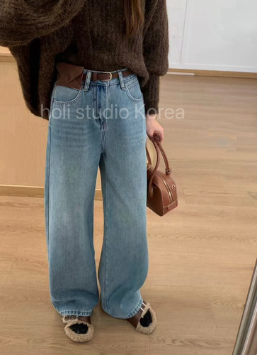 现～sale 原239韩国东大门代购 冬季加绒直筒牛仔裤显瘦百搭